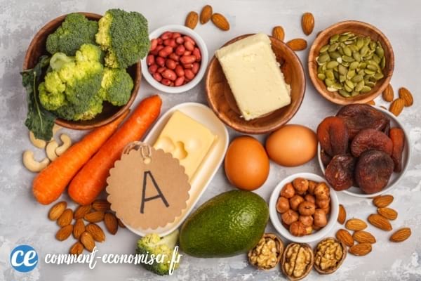 Carottes, avocats et autre aliments riches en vitamine A.