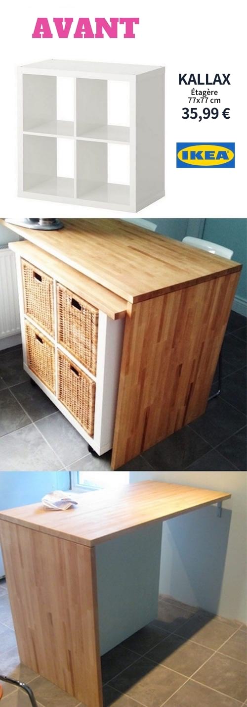 Transformez les meubles IKEA en un îlot de cuisine avec plan de travail surélevé.