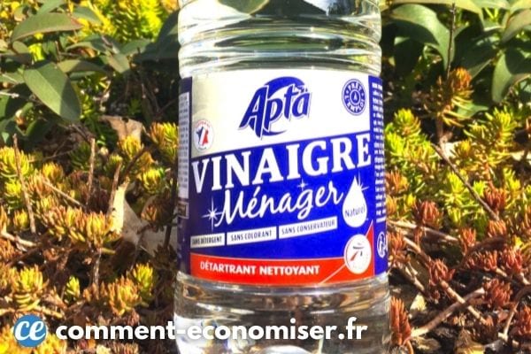 A bottle of white vinegar in the garden.