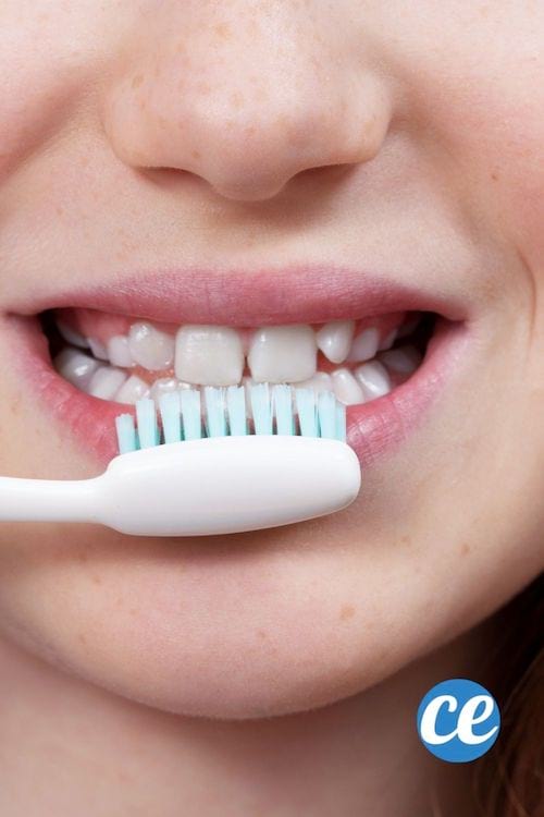 Une jeune fille brosse ses lèvres avec une brosse à dents