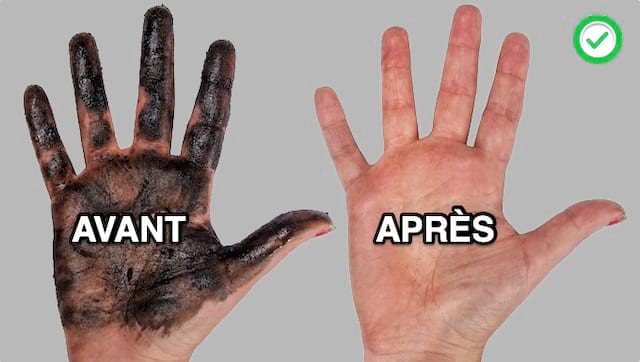 Une main sale pleine de cambouis et une main propre après nettoyage avec de la farine périmée