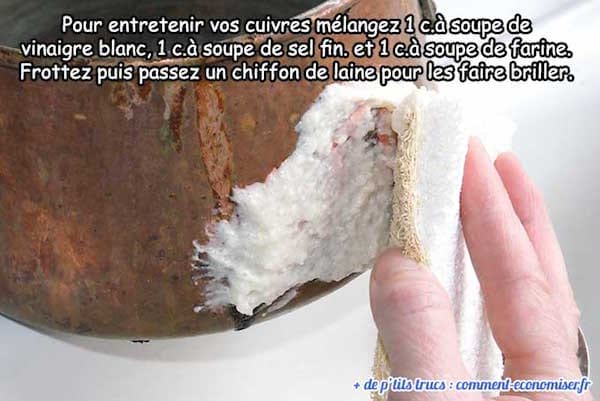 Une pâte à récurer faite de farine, de sel et de vinaigre blanc pour faire briller les objets en cuivre