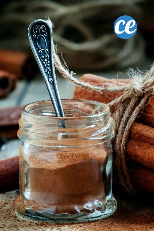 de la cannelle en poudre dans un pot en verre avec une cuillère et des bâtonnets de cannelle