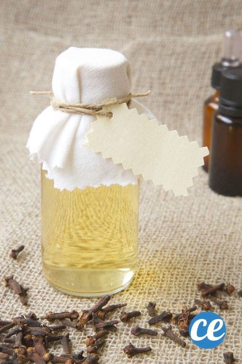 Un flacon d'huile de girofle sur une toile en jute avec des clous de girofle