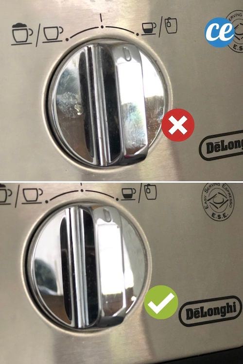 Photo avant et après d'une bouton d'une machine à café en inox sale puis propre après nettoyage 