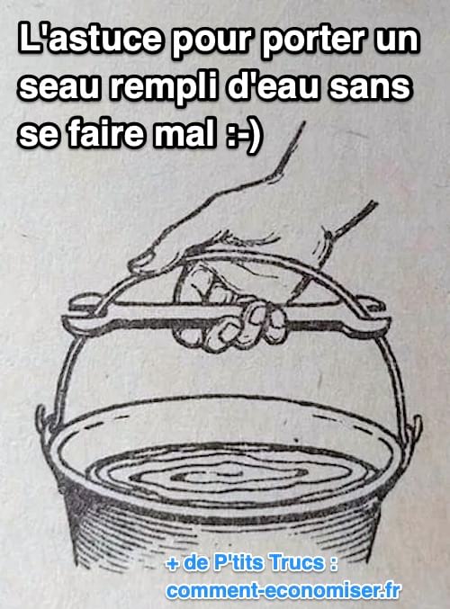 Un dessin d'un seau d'eau rempli avec une clef à molette pour ne pas se faire mal