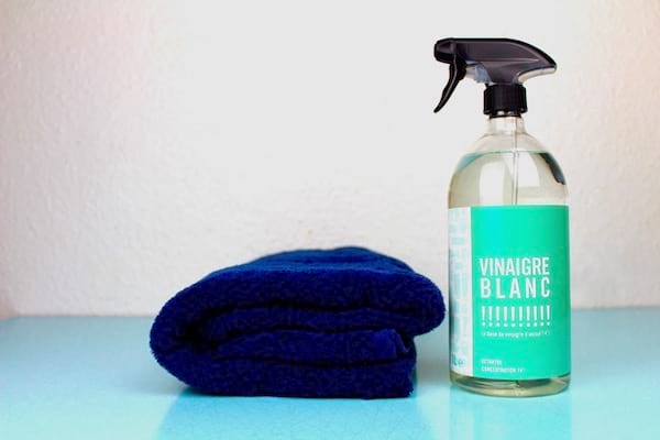 Spray vinaigre blanc avec serviette bleue pour faire fuir les mouches