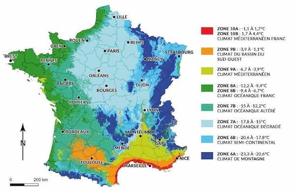 Une carte de zone de rusticité de la France, aussi appelée carte USDA.
