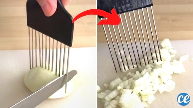 Un peigne afro pour ciseler un oignon en petits morceaux facilement et rapidement