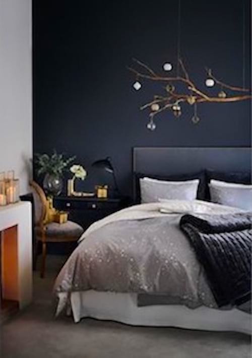 La couleur de la peinture murale de cette chambre est le bleue nuit