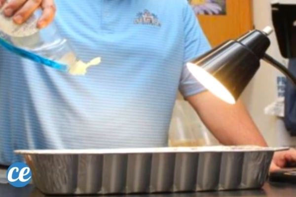 Un piège à punaise DIY avec du liquide vaisselle et une lampe de bureau.