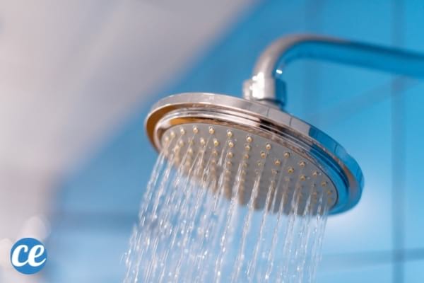 Pommeau de douche avec l'eau qui coule 