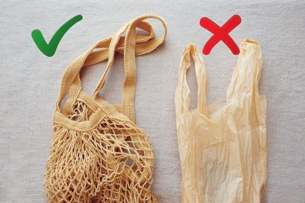 sac en plastique et sac réutilisable en tissu