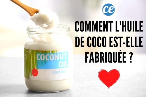 Un pot d'huile de coco avec un texte Comment l'huile de coco est-elle fabriquée ?
