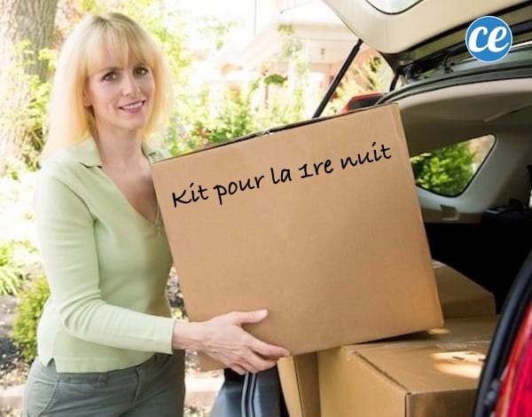 Une femme tenant un gros carton en le mettant dans le coffre
