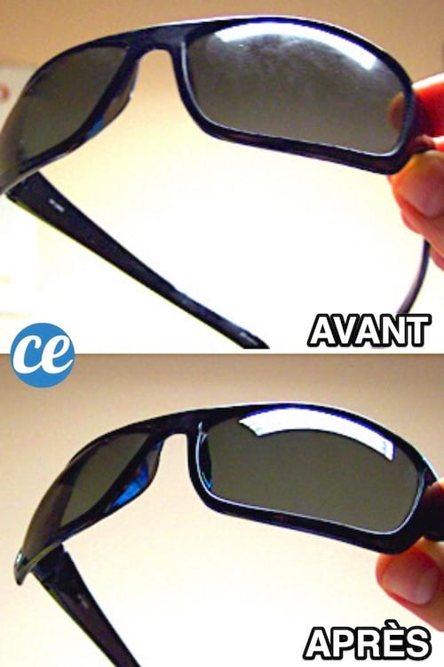 Des lunettes de soleil sales avant et propres après grâce au liquide vaisselle