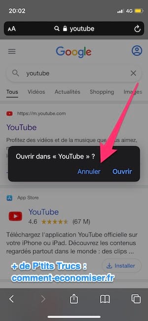 Cliquez sur Annuler pour ne pas ouvrir l'app Youtube