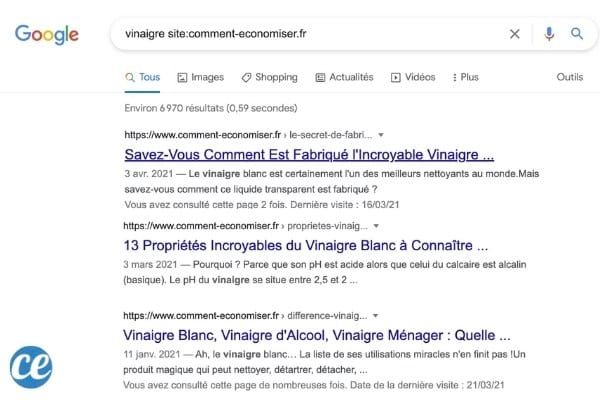 Utilisez la commande :site pour limiter les résultats Google à un site spécifique.