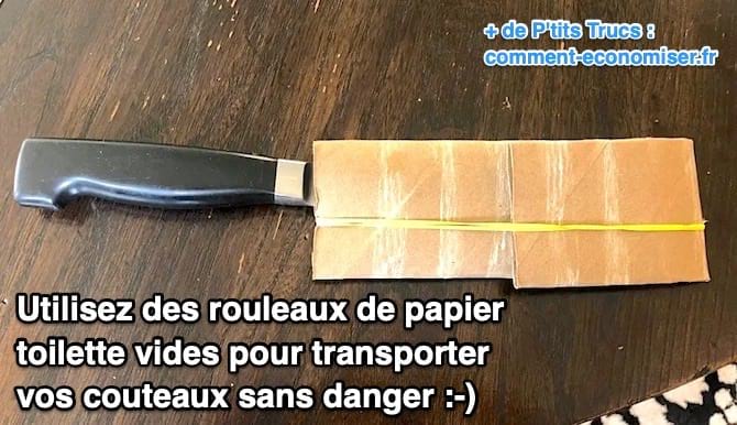 des rouleaux de papier toilette servent de protection pour la lame d'un couteau