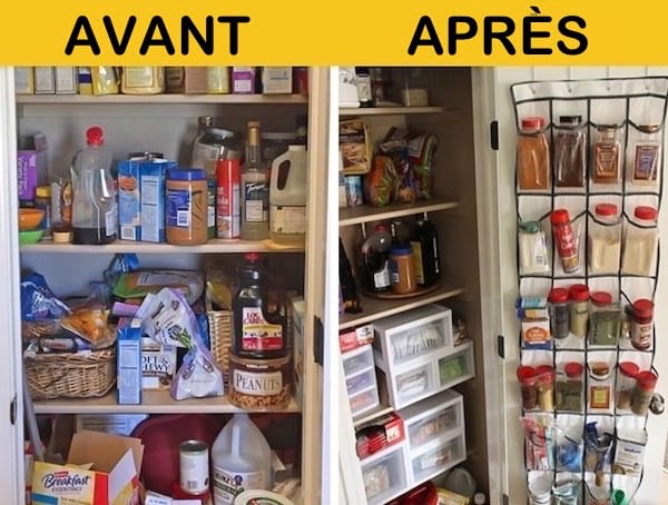 Avant après d'un placard alimentaires avec un système de rangement de chaussure contre la porte intérieur