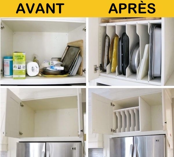 Avant après d'un placard de cuisine avec des rangées en verticale pour bien séparer les choses qui vont ensemble