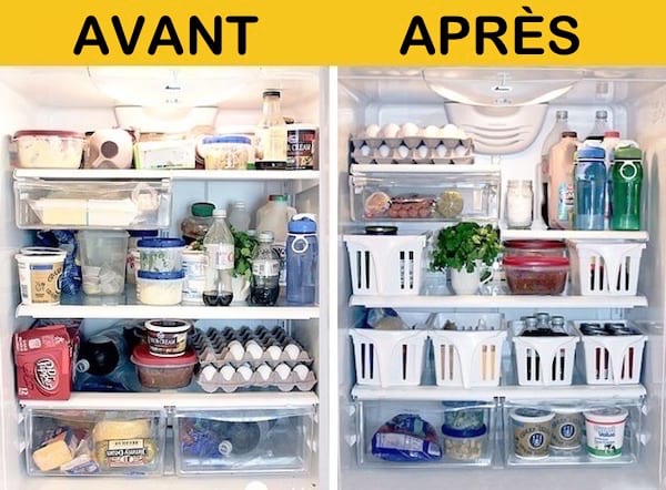 Avant après d'un réfrigérateur organisé