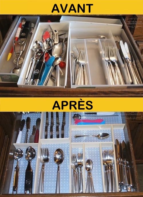 Avant après d'un tiroir remplis de couverts 