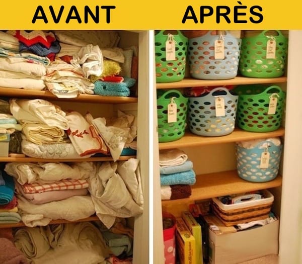Avant après d'un placard avec des paniers étiquetés 
