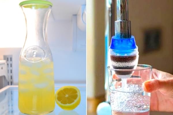 Une carafe avec de l'eau citronnée et un filtre à eau