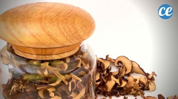 Des champignons déshydratés et séchés dans un bocal