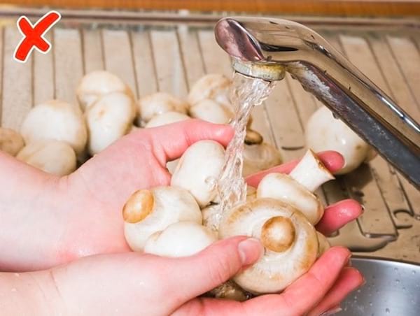 Des champignons lavés sous le robinet d'eau qu'il ne faut pas laver