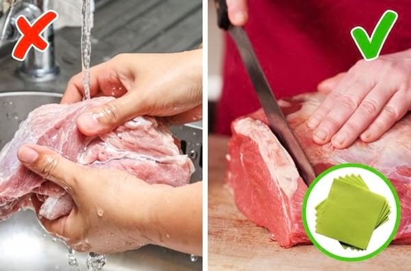 De la viande lavé sous l'eau qu'il ne faut pas laver