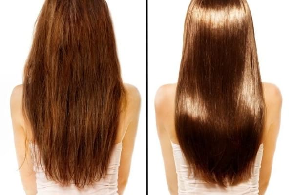 Une fille qui a les cheveux avant et brillant après grâce à ce masque à la banane