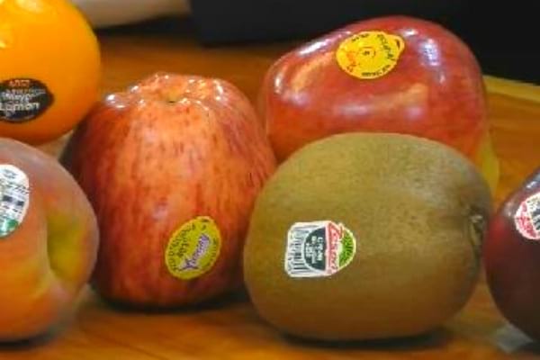 Des étiquettes sur des fruits comme les pommes qu'il ne faut pas jeter dans évier
