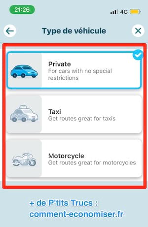 Choisir le véhicule sur Waze comme le taxi ou la moto