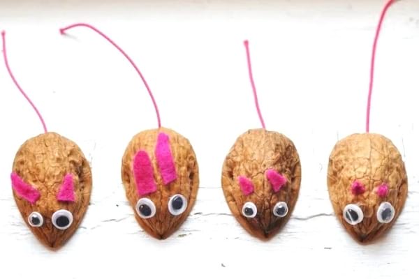 DIY mice made from walnut shells