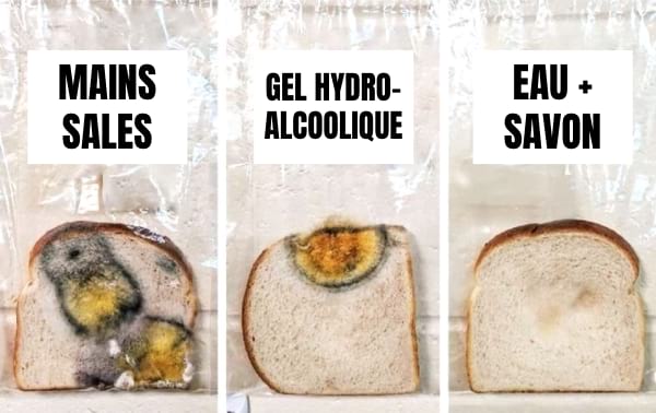 Les mains sales forment des bactéries sur le pain.