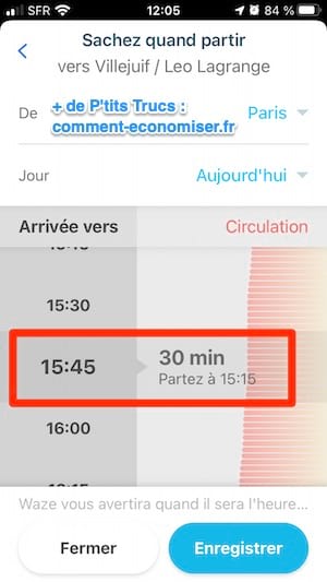 Indiquer à Waze à quelle heure vous souhaitez arriver à destination pour savoir à quelle heure partir