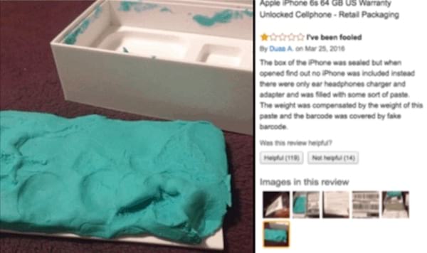 Un emballage d'iPhone plein de pâte à modeler sans téléphone donc arnaque