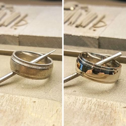 L'avant après du nettoyage d'une bague en platine