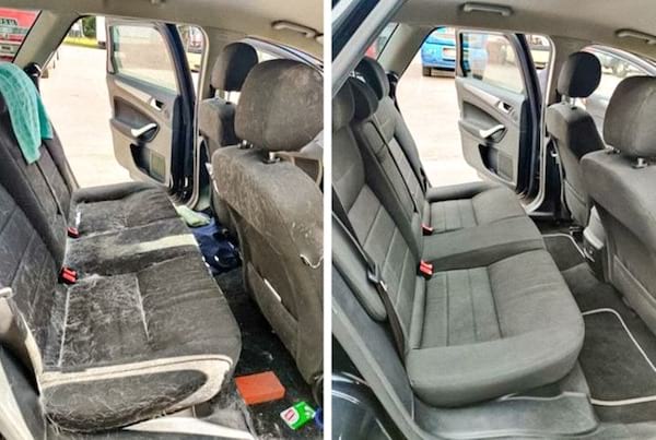 L'avant après du nettoyage d'une banquette arrière de voiture