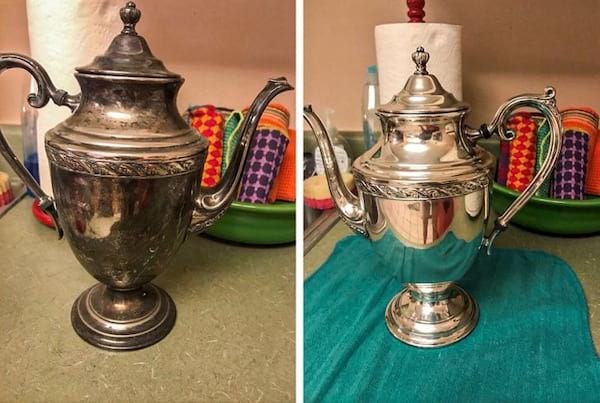 L'avant après du nettoyage d'une cafetière ancienne