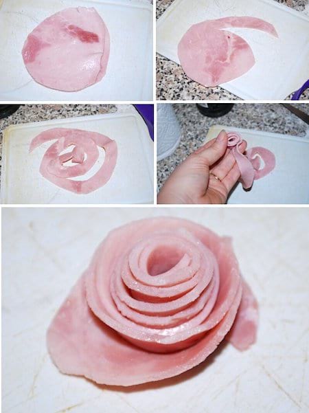 une rose faite avec du jambon pour un plateau de charcuterie