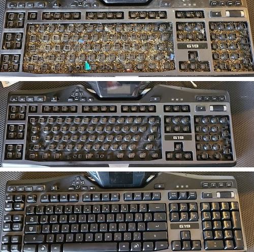 L'avant après du nettoyage d'un clavier d'ordinateur