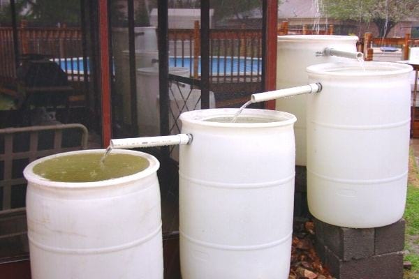 r&eacute;cup&eacute;ration de l'eau de pluie dans des bacs blancs