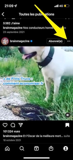 Une flèche sur un post insta qui indique où cliquer pour télécharger vidéo