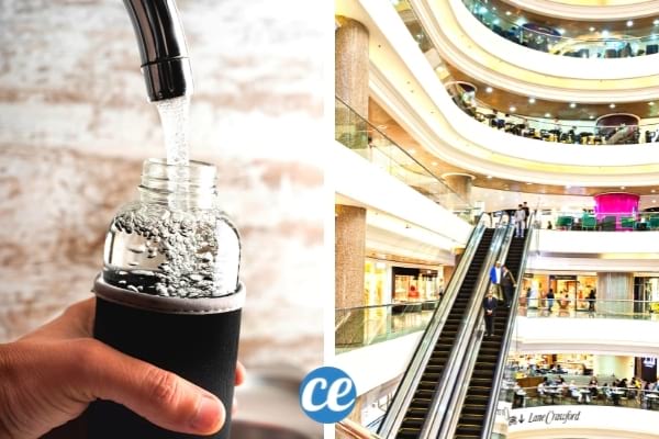 gourde d'eau remplie dans un centre commercial