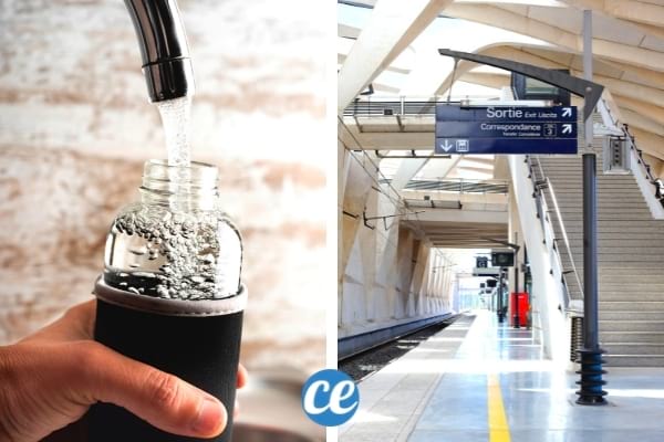 bouteille réutilisable remplie dans une gare