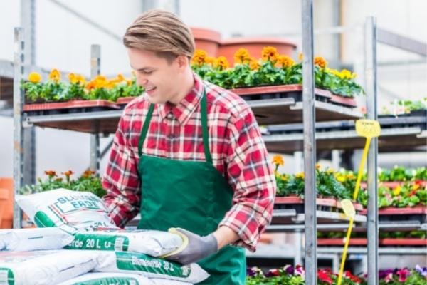 Un jardinier dans un magasin porte un bon sac de terreau non infesté de larves de mouches du terreau