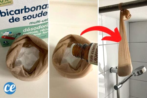 Désodorisez la salle de bain avec un vieux collant et du bicarbonate.